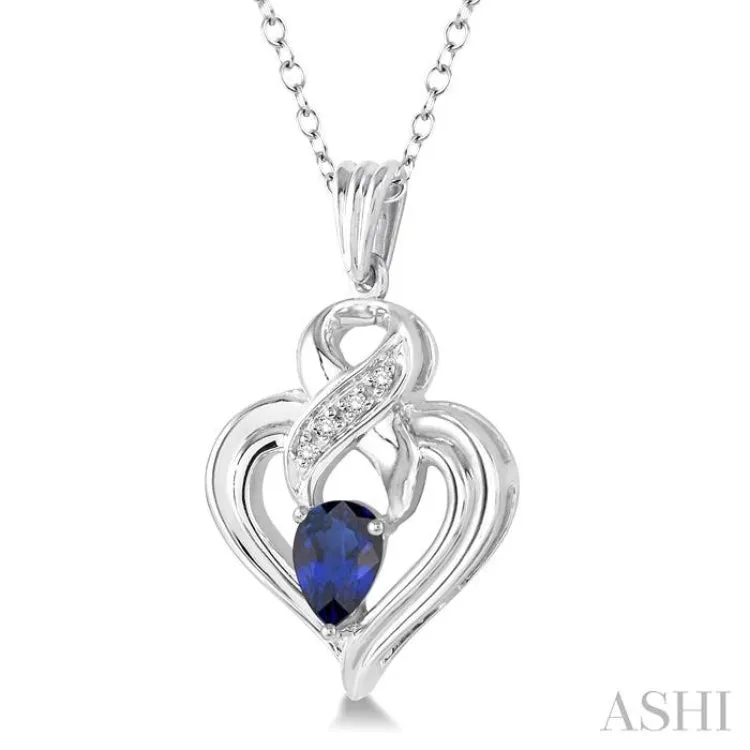 6x4 mm Pear Shape Sapphire and 1/50 Ctw Single Cut Diamond Pendant in Sterling Silver with Chain