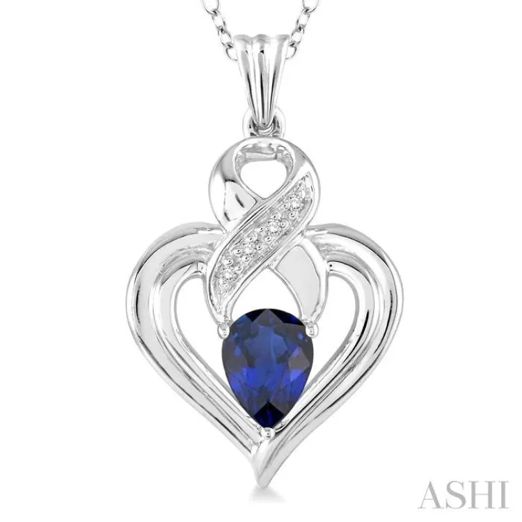 6x4 mm Pear Shape Sapphire and 1/50 Ctw Single Cut Diamond Pendant in Sterling Silver with Chain