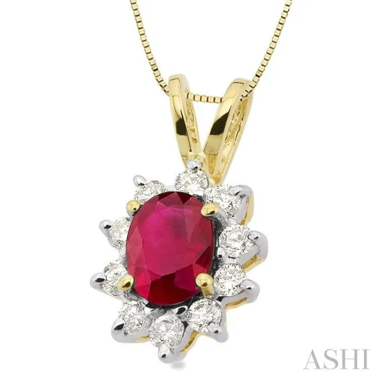 7x5MM Oval Cut Ruby and 1/3 Ctw Round Cut Diamond Pendant in 14K Yellow Gold with Chain