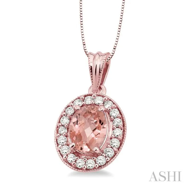 8x6mm Oval Cut Morganite and 1/3 Ctw Round Cut Diamond Pendant in 14K Rose Gold with Chain