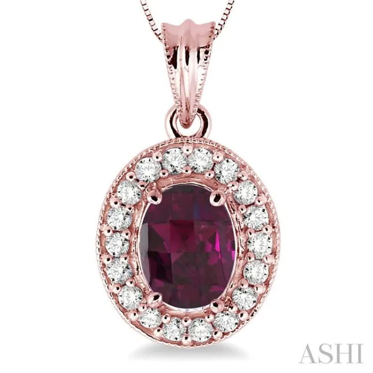 8x6mm Oval Cut Rhodolite Garnet and 1/3 Ctw Round Cut Diamond Pendant in 14K Rose Gold with Chain