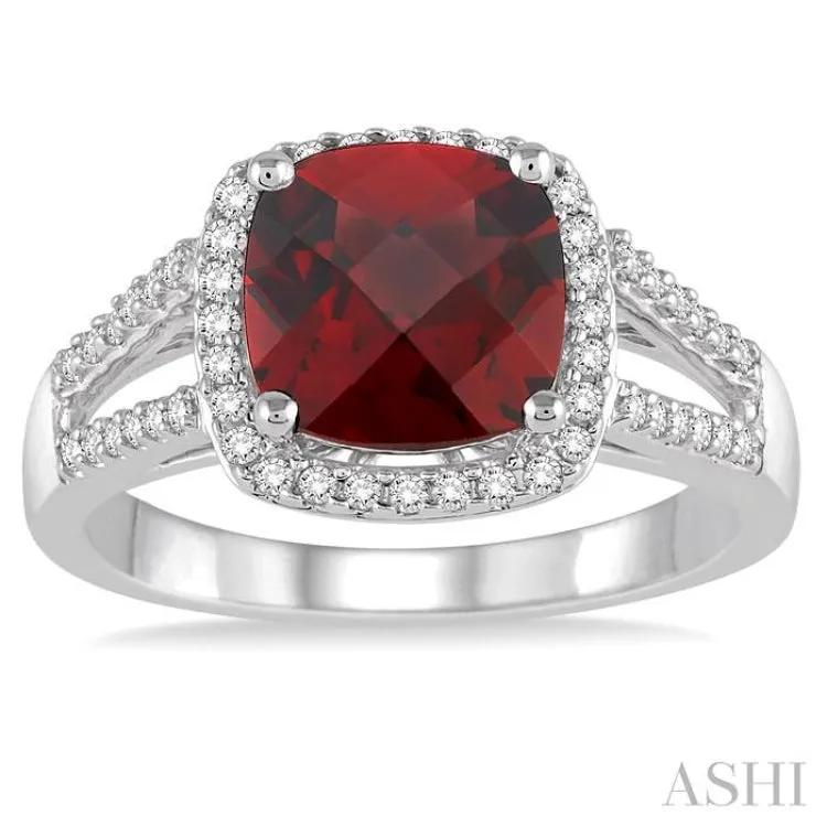 8x8 MM Cushion Cut Garnet and 1/4 Ctw Round cut Diamond Ring in 10K White Gold