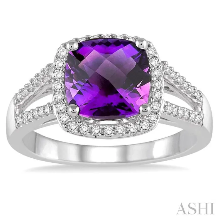 8x8 MM Cushion Shape Amethyst and 1/4 Ctw Round cut Diamond Ring in 10K White Gold