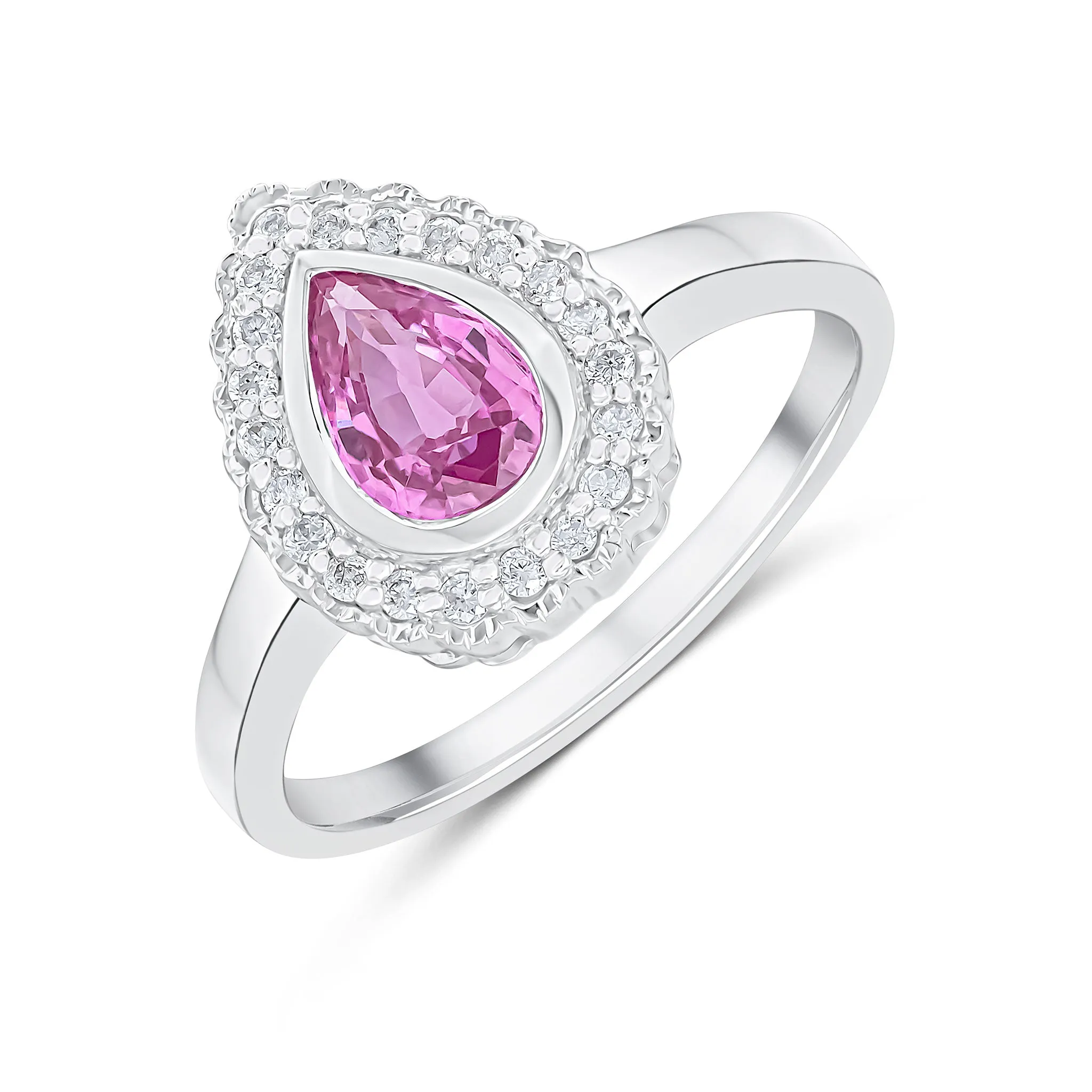 9K White Gold Pink Sapphire & Diamond Halo Ring