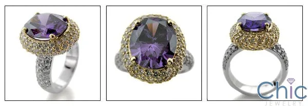 Amethyst Oval 5 Carat Cubic Zirconia Two Tone Gold Pave Set Ring