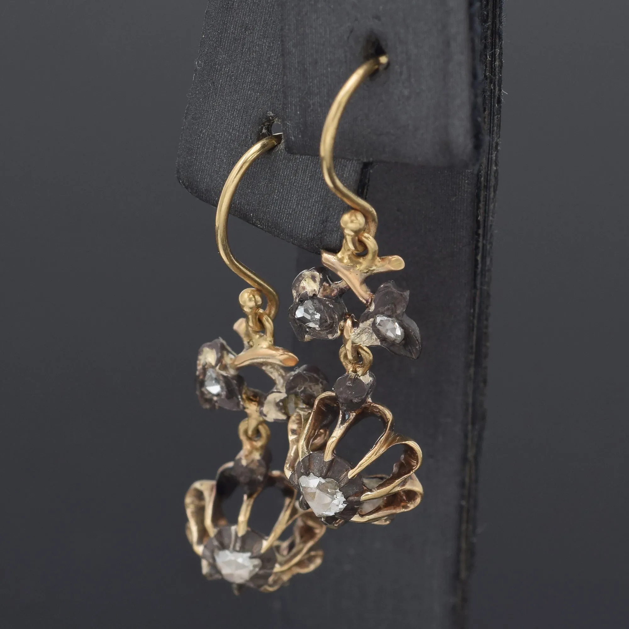 Antique 14K Yellow Gold 0.28 TCW Rose Cut Diamond Dangle Earrings