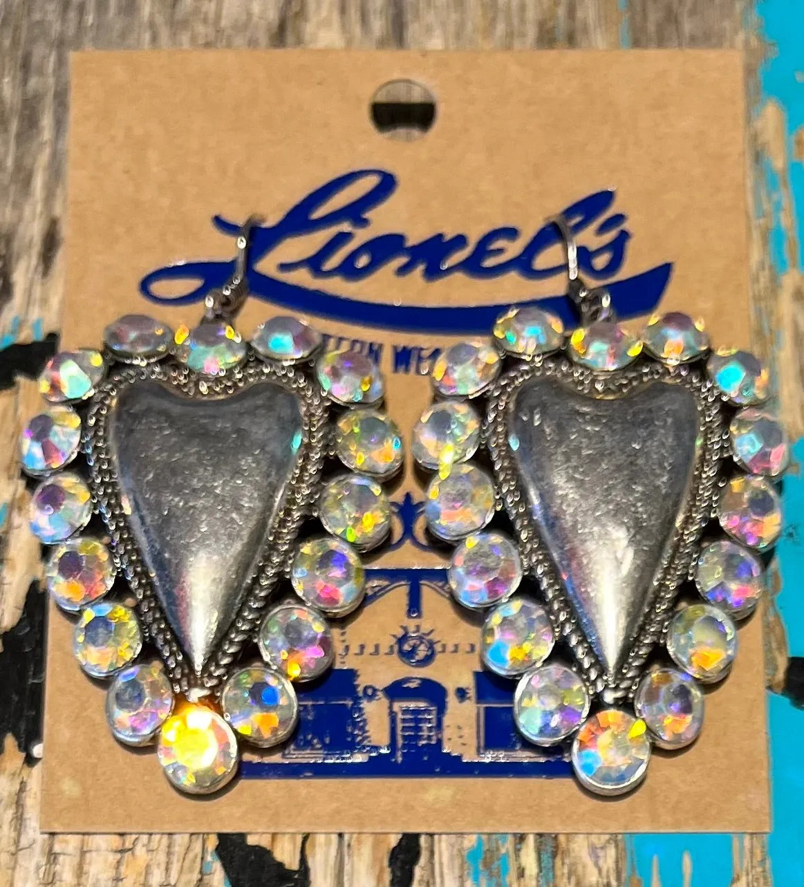 Antique Silver Heart Earrings w/ Iridescent Crystals