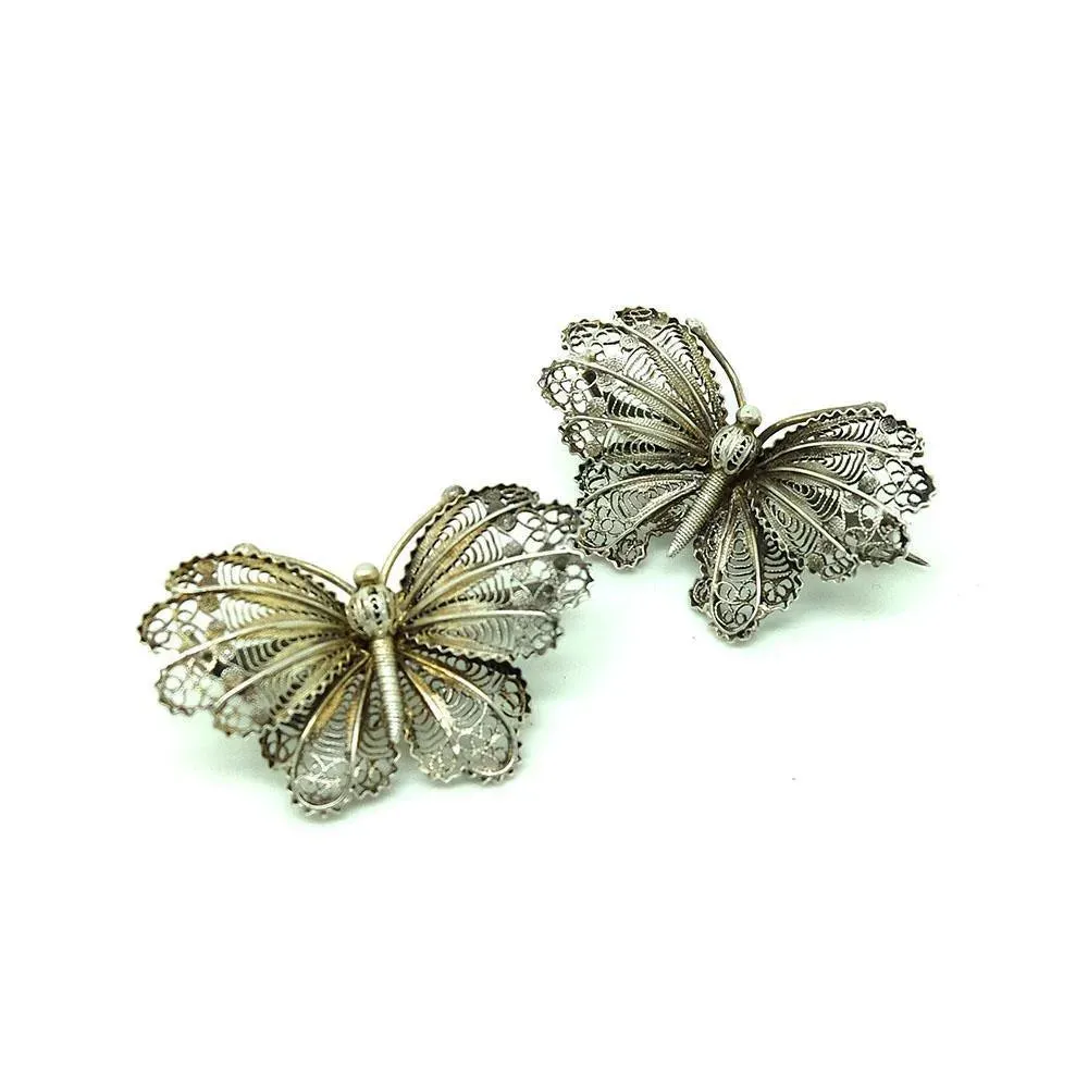 Antique Victorian Silver Filigree Butterfly Brooches