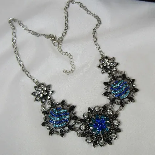 Aqua & Blue Crystal Flower  Multi Charm Necklace