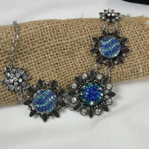 Aqua & Blue Crystal Flower  Multi Charm Necklace