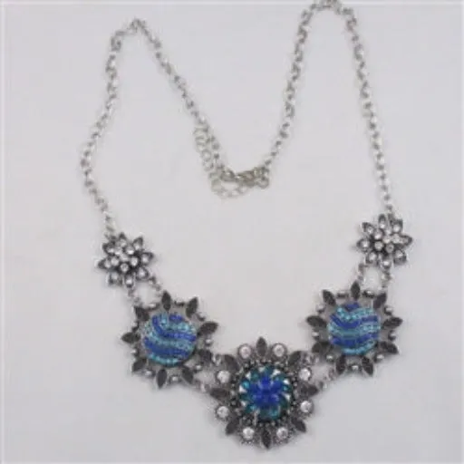 Aqua & Blue Crystal Flower  Multi Charm Necklace