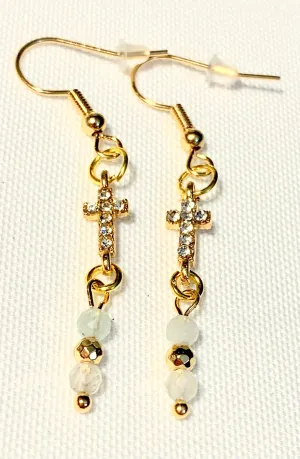 Arista Handmade Aquamarine Dangle Earrings With Rhinestone Cross Pendants