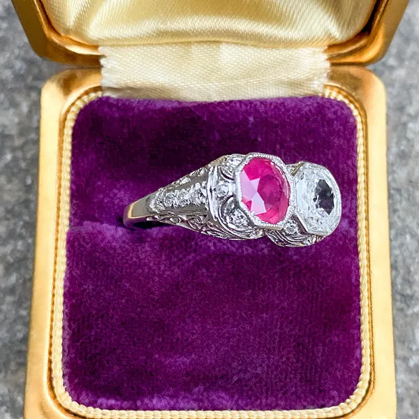 Art Deco Ruby & Diamond Twin Stone Ring