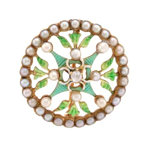 Art Nouveau Pearl Diamond 14K Yellow Gold Enamel Brooch