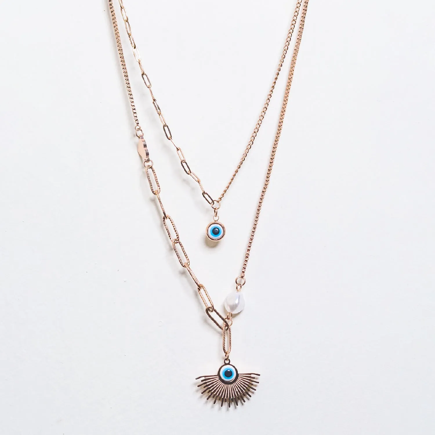 Artklim Rose Gold Double Layered Evil Eye Pendant Necklace