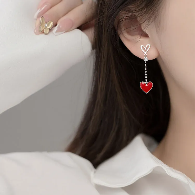 Asymmetric Red Heart Stud Earrings For Women Creative Hollow