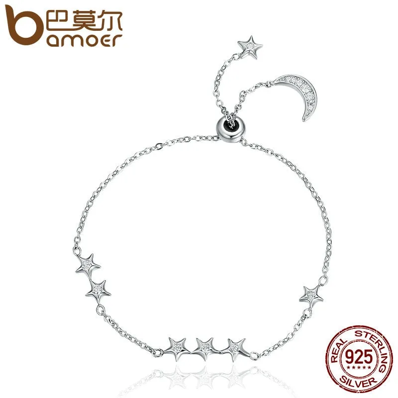 BAMOER New Arrival Genuine 925 Sterling Silver Sweet Whisper of Moon & Star Clear CZ Link Bracelet Luxury Silver Jewelry SCB007