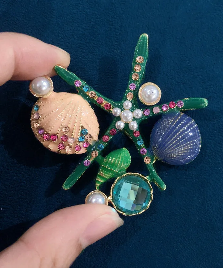 Beautiful Green Zircon Pearl Shell Starfish Brooches GH1076