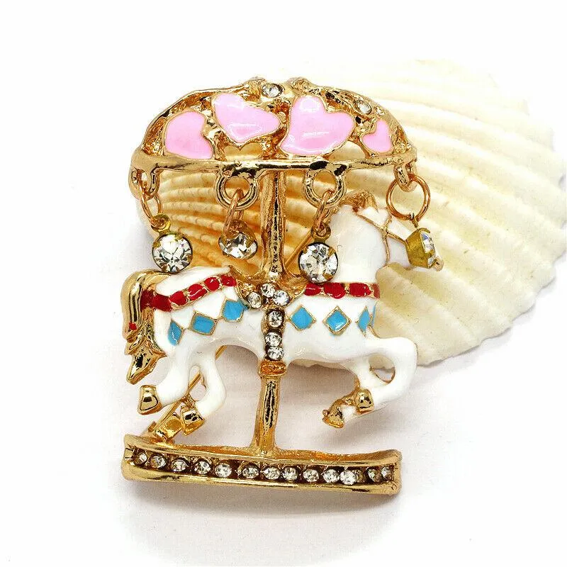 Betsey Johnson White Enamel Crystal Merry-Go-Round Brooch