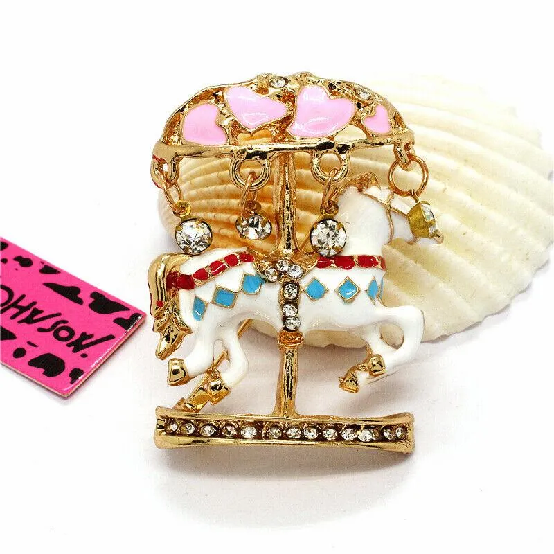 Betsey Johnson White Enamel Crystal Merry-Go-Round Brooch