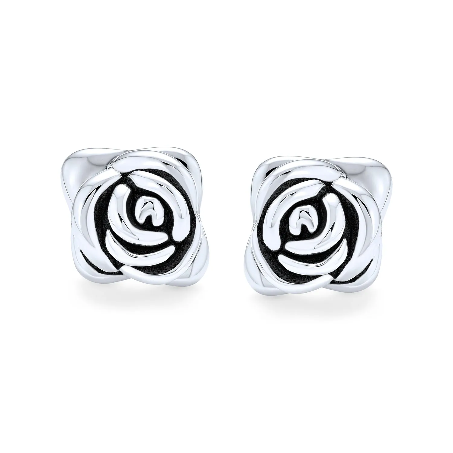 Black Rose Stud Earrings in 3D Garden Flower Design, Oxidized Sterling Silver