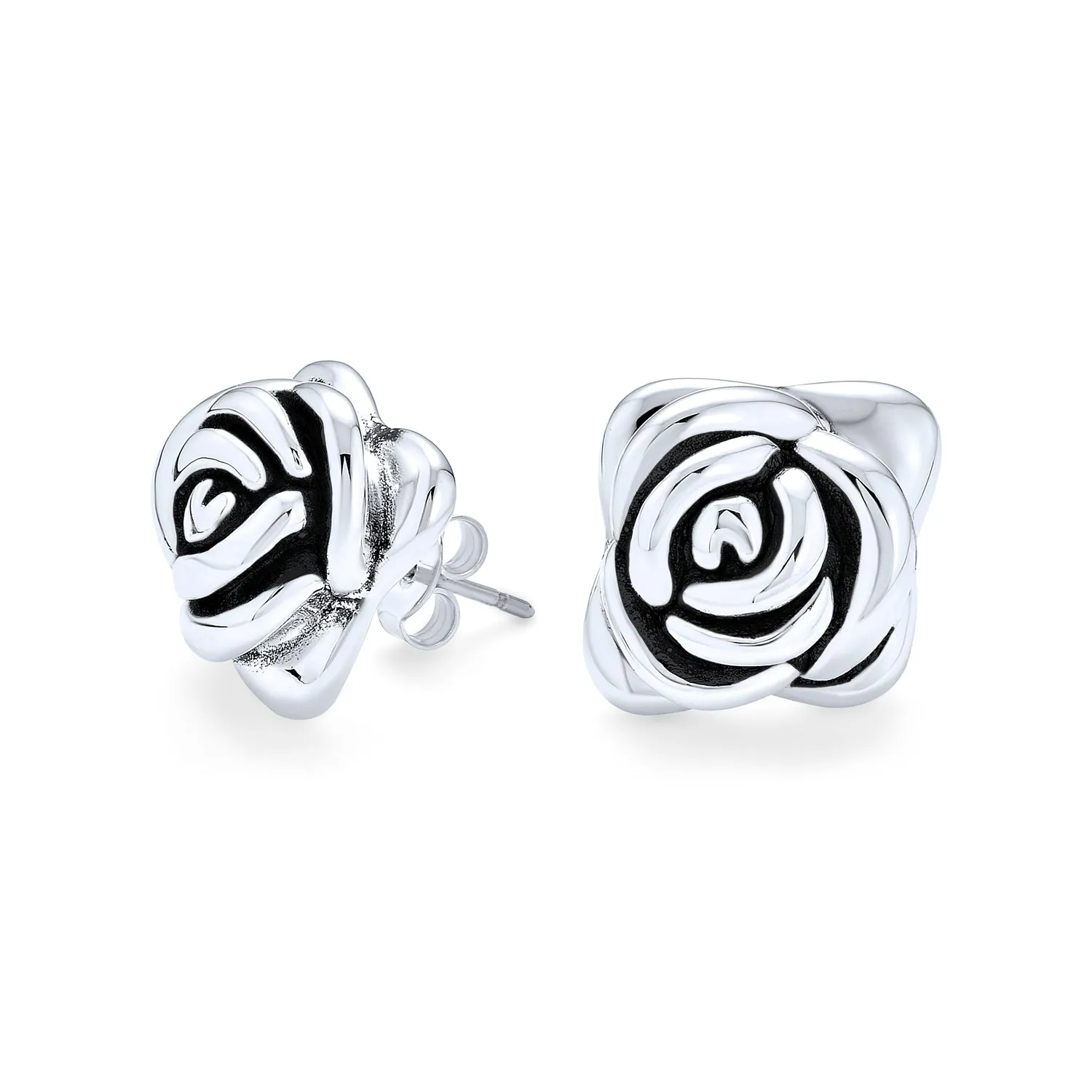 Black Rose Stud Earrings in 3D Garden Flower Design, Oxidized Sterling Silver