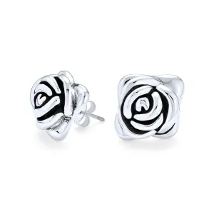 Black Rose Stud Earrings in 3D Garden Flower Design, Oxidized Sterling Silver