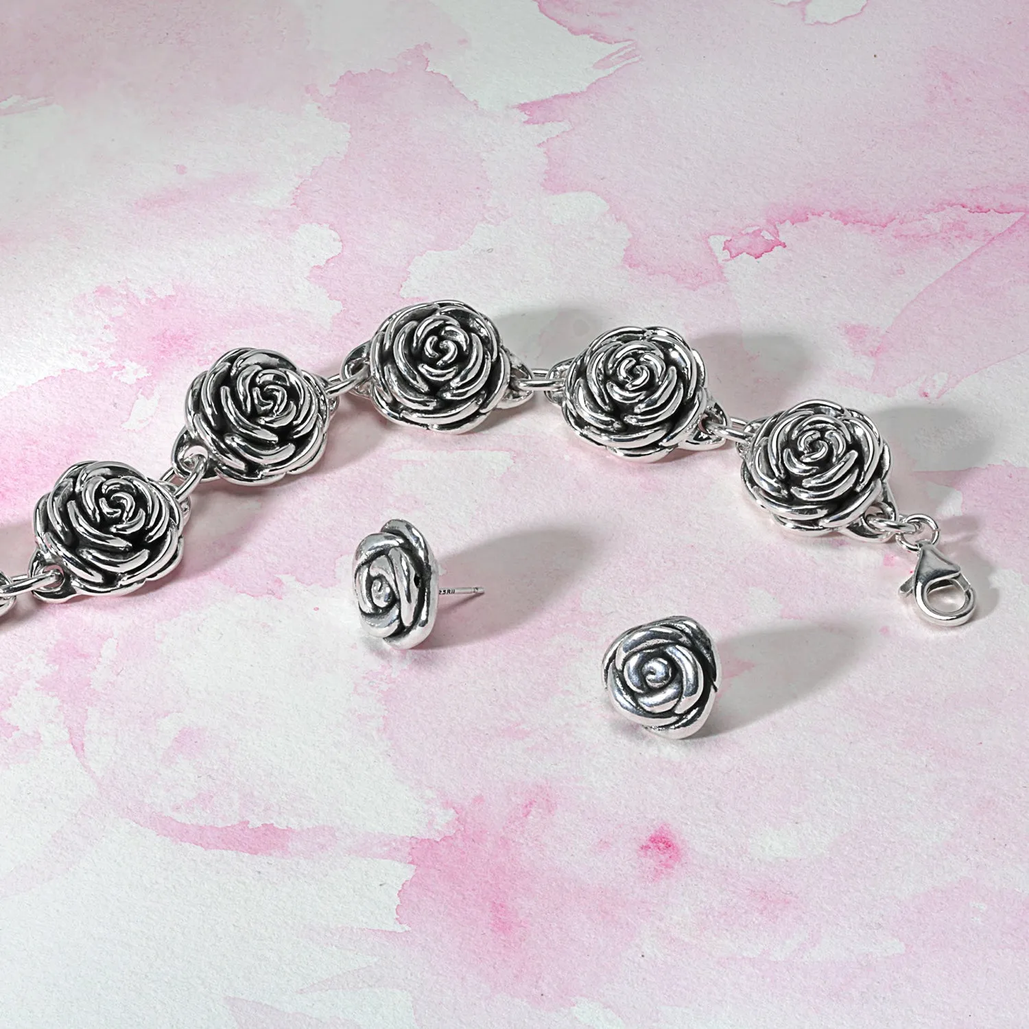 Black Rose Stud Earrings in 3D Garden Flower Design, Oxidized Sterling Silver