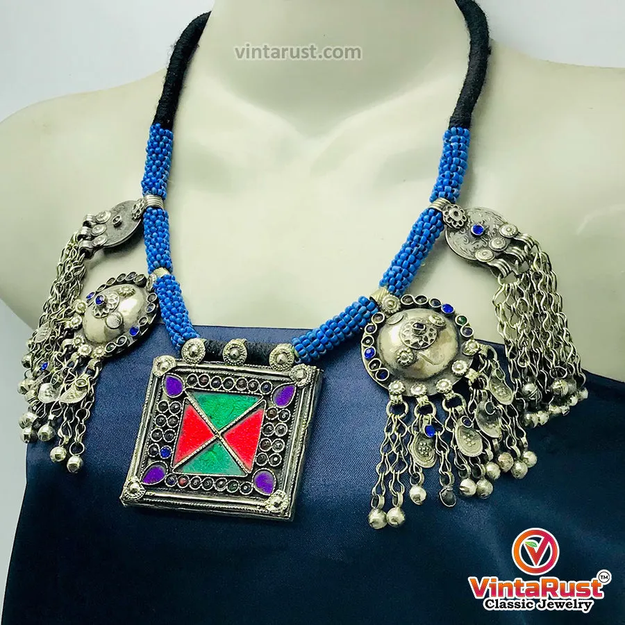 Blue Beaded Necklace With Dangling Pendants