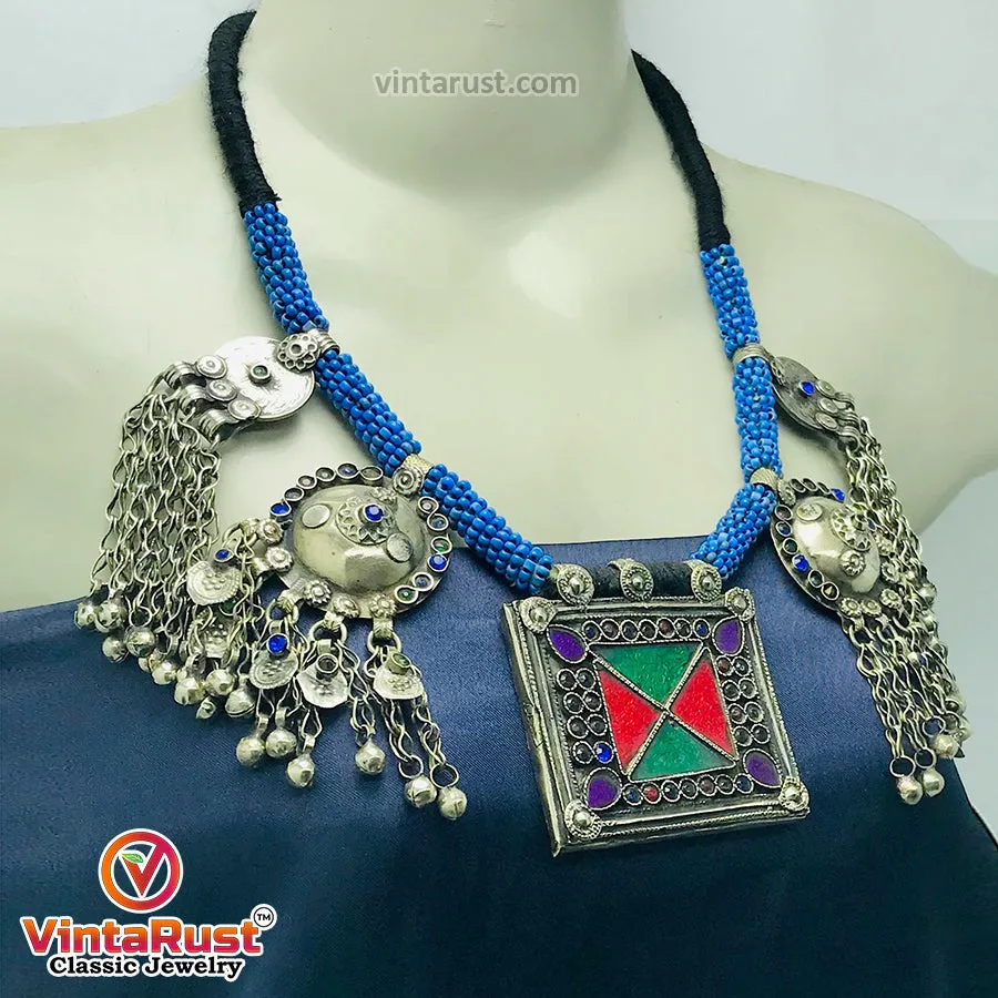 Blue Beaded Necklace With Dangling Pendants