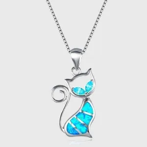 Blue Fire Cat Sterling Silver Necklace