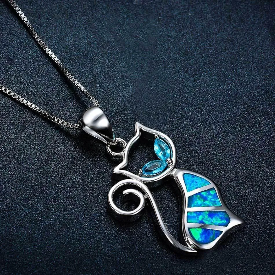 Blue Fire Cat Sterling Silver Necklace