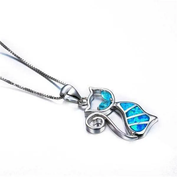 Blue Fire Cat Sterling Silver Necklace