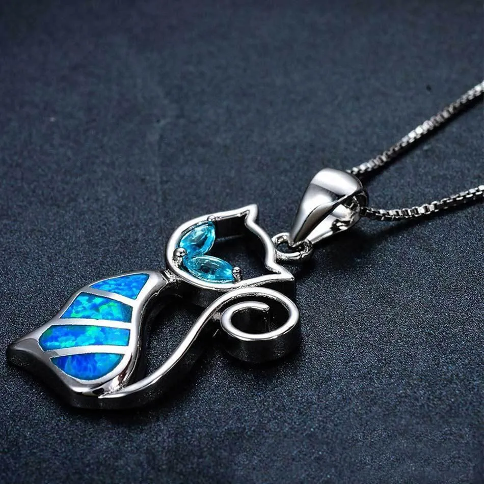 Blue Fire Cat Sterling Silver Necklace