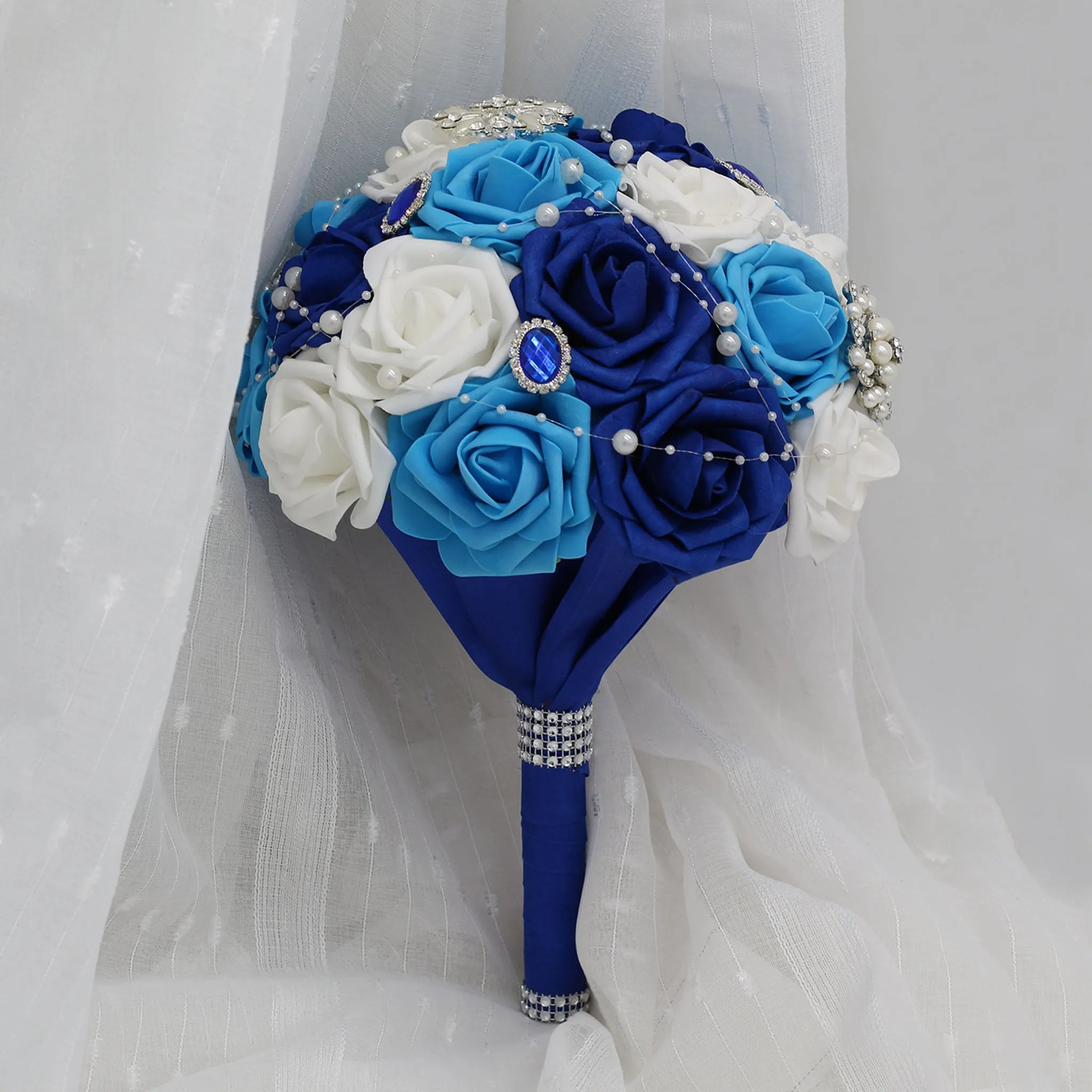 Bouquet of Roses Artifiical Royal Blue White Turquoise Bridal Bouquet