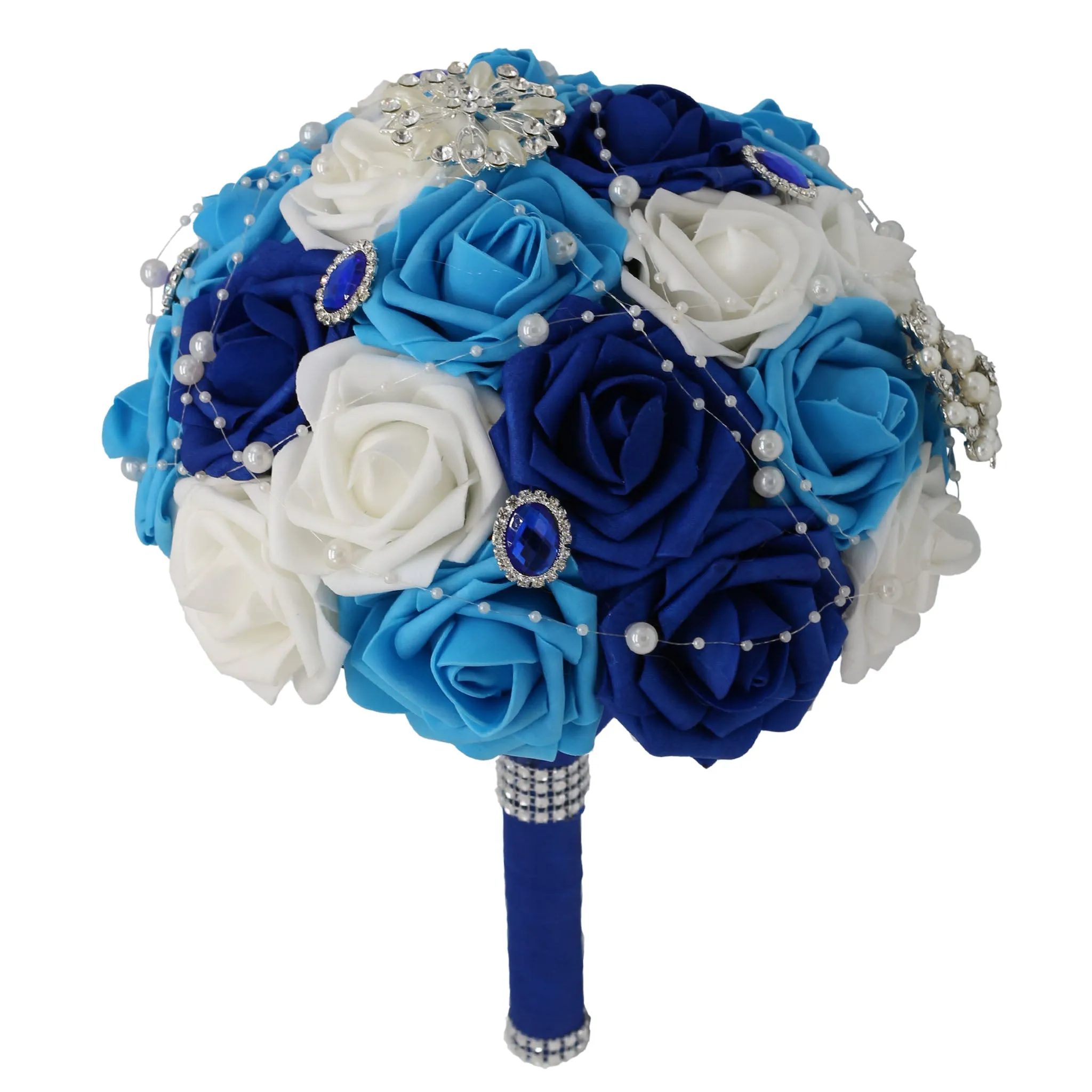 Bouquet of Roses Artifiical Royal Blue White Turquoise Bridal Bouquet