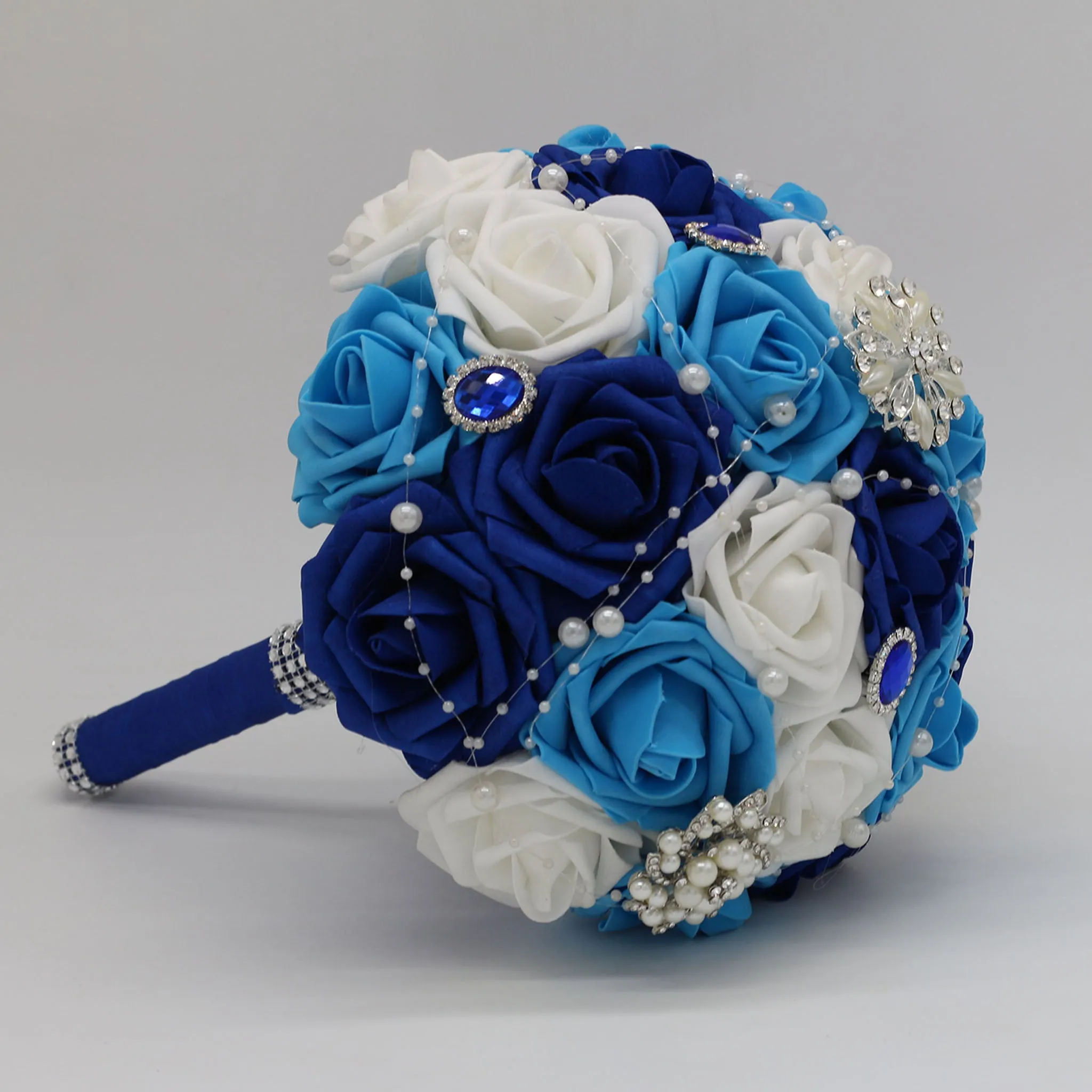 Bouquet of Roses Artifiical Royal Blue White Turquoise Bridal Bouquet