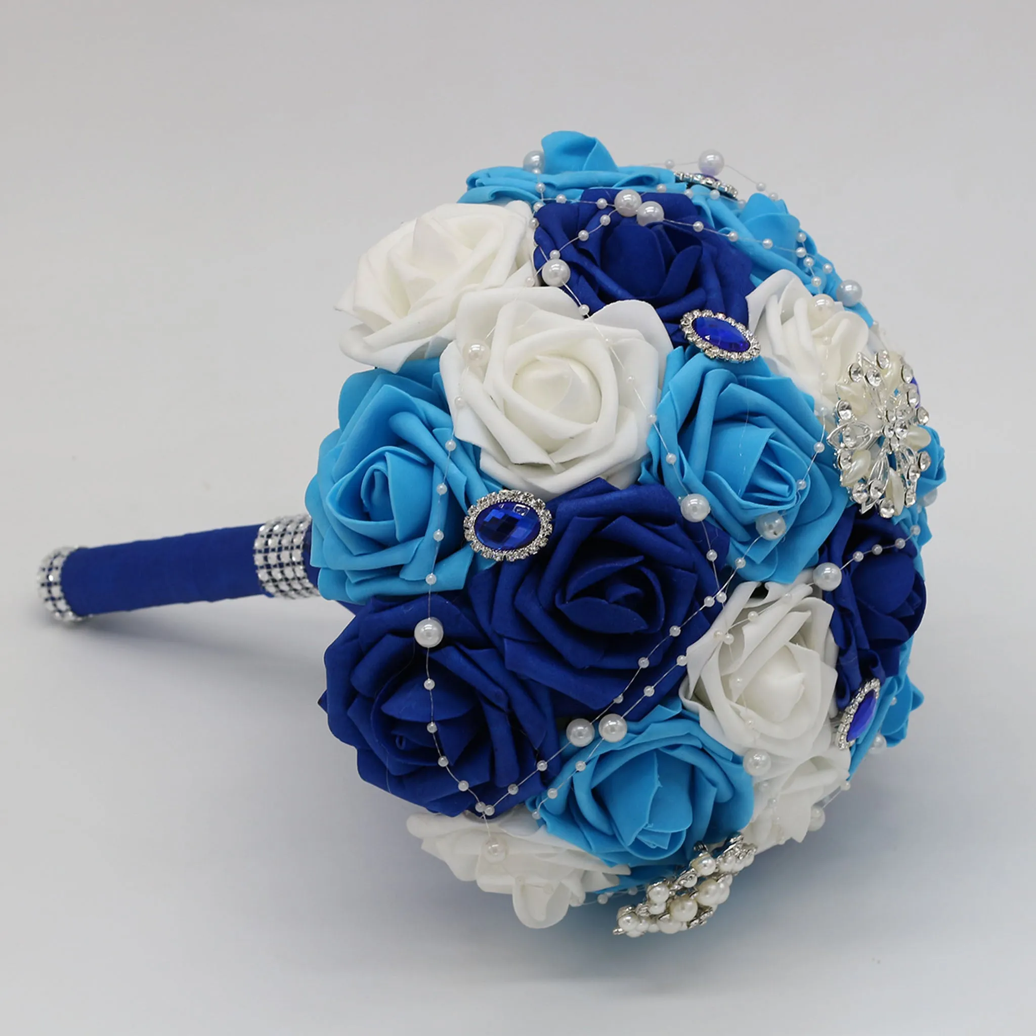 Bouquet of Roses Artifiical Royal Blue White Turquoise Bridal Bouquet