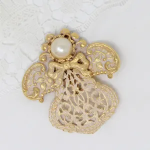 Brooch / Pin, Jane Davis AOL, Angel Gold & White Enamel with Pearl, Signed, Vintage