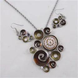 Brown & Gold Ring Pendant Necklace & Earrings