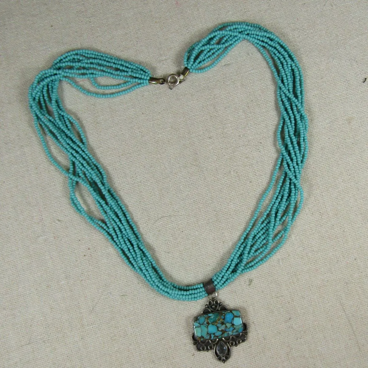 Classic Mosaic Turquoise & Topaz Pendant on Multi-strand Necklace