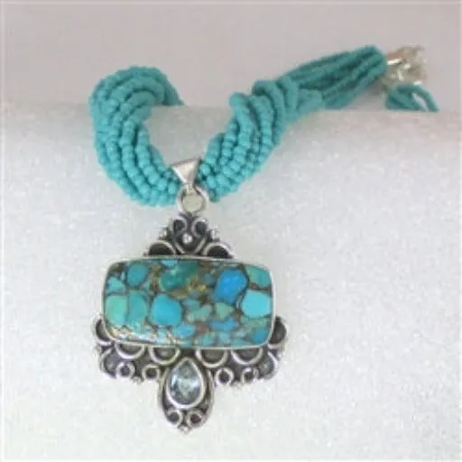 Classic Mosaic Turquoise & Topaz Pendant on Multi-strand Necklace