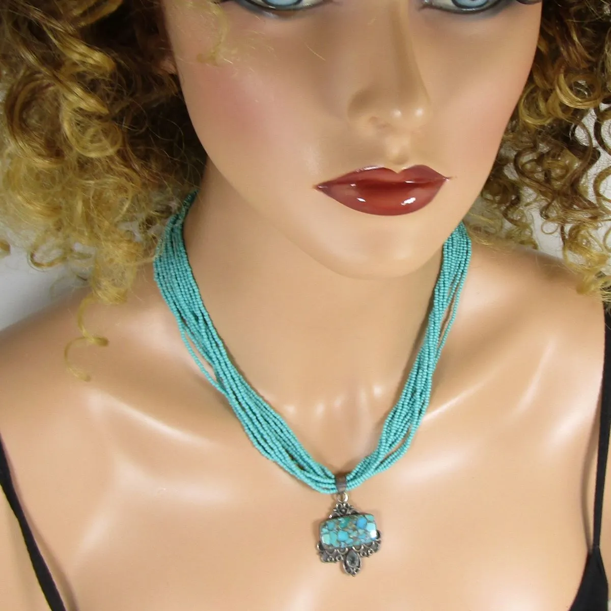 Classic Mosaic Turquoise & Topaz Pendant on Multi-strand Necklace