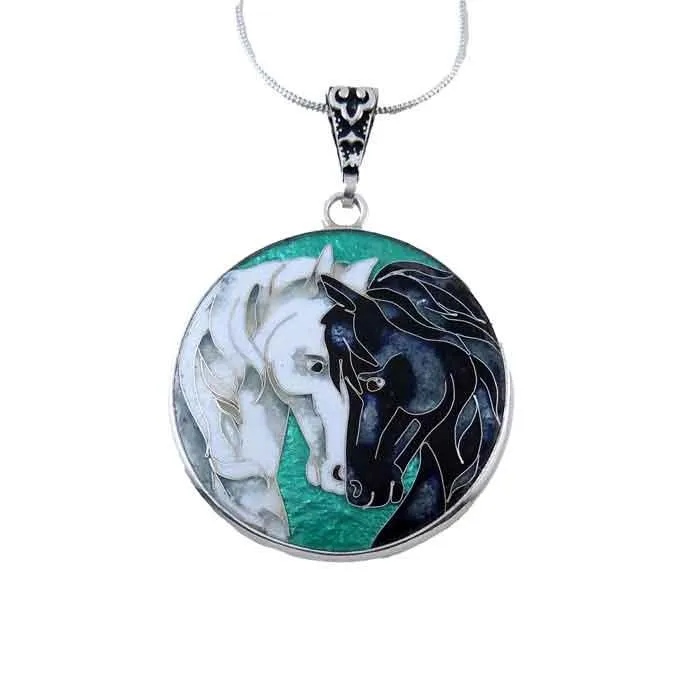 Cloisonné Facing Horses Pendant Necklace