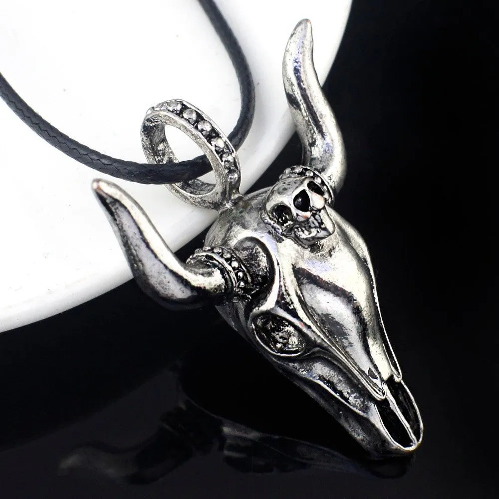 Cool Men's Tauren Cow Skeleton Skull Titanium Stainless Steel leather chain Pendant Necklace