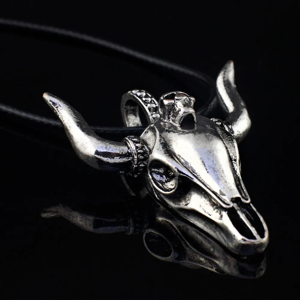 Cool Men's Tauren Cow Skeleton Skull Titanium Stainless Steel leather chain Pendant Necklace