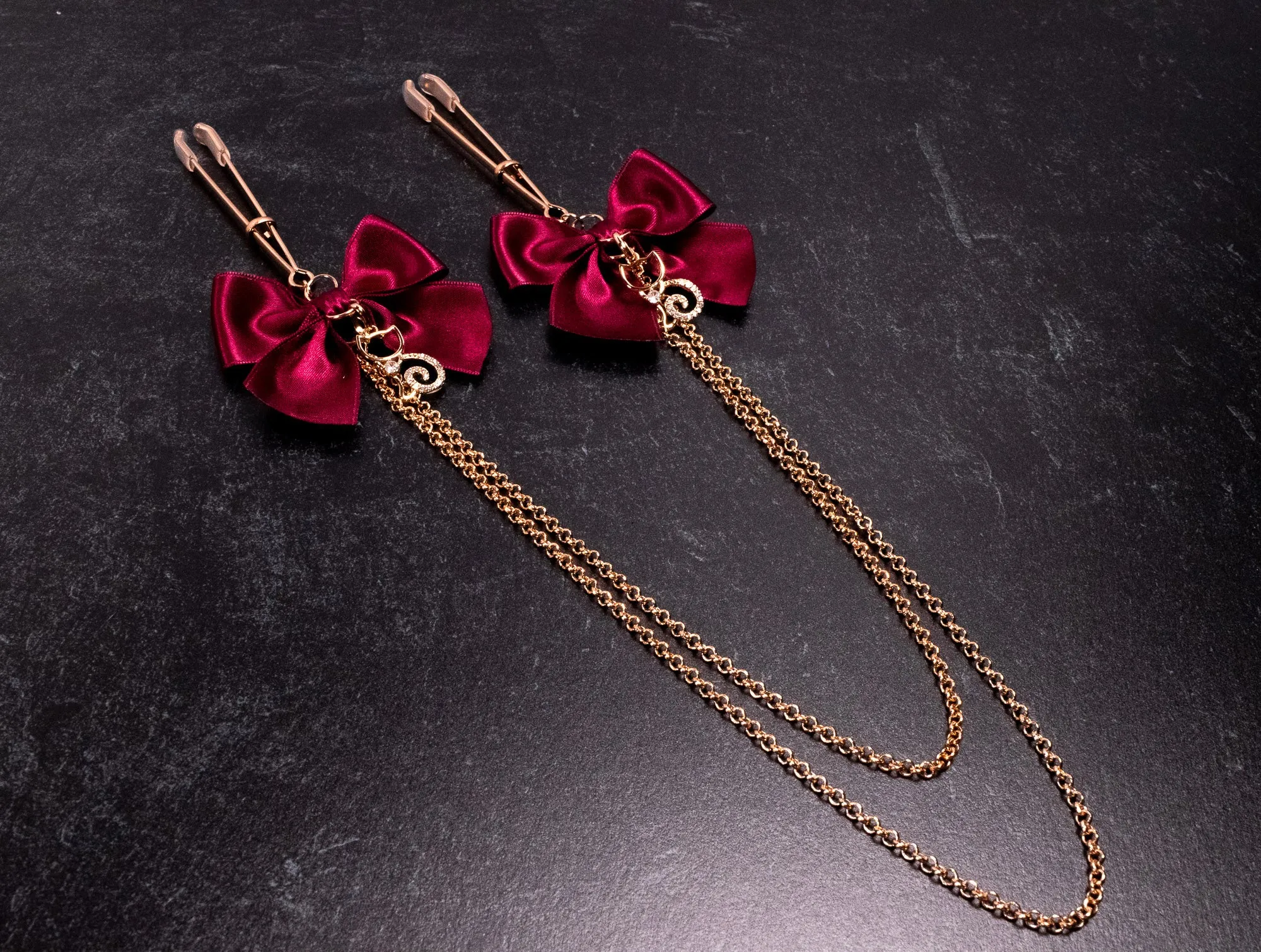 Deluxe Chained Burgundy Bow Tweezer Nipple Clamps in Rose Gold