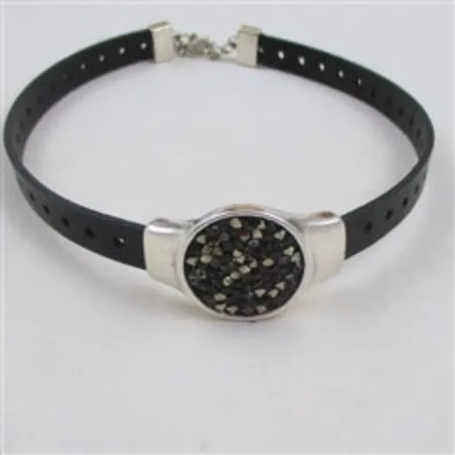 Designer Black Leather Ribbon Choker with Rock Crystal Accent