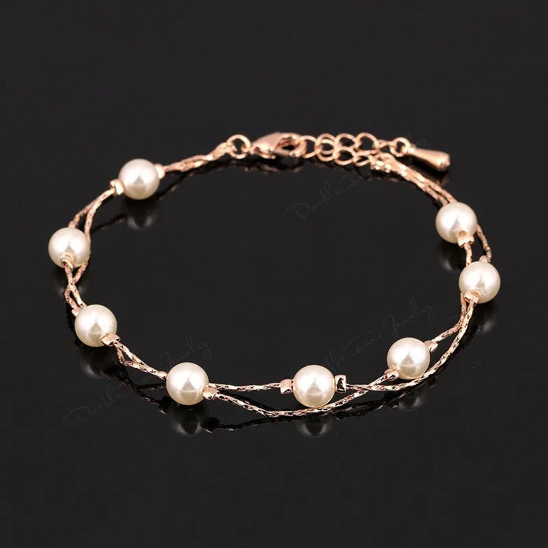 Double Fair Charm Bracelets & Bangles Platinum/Rose Gold Plated Fashion Simulated Pearl Beads Wedding Jewelry For Women