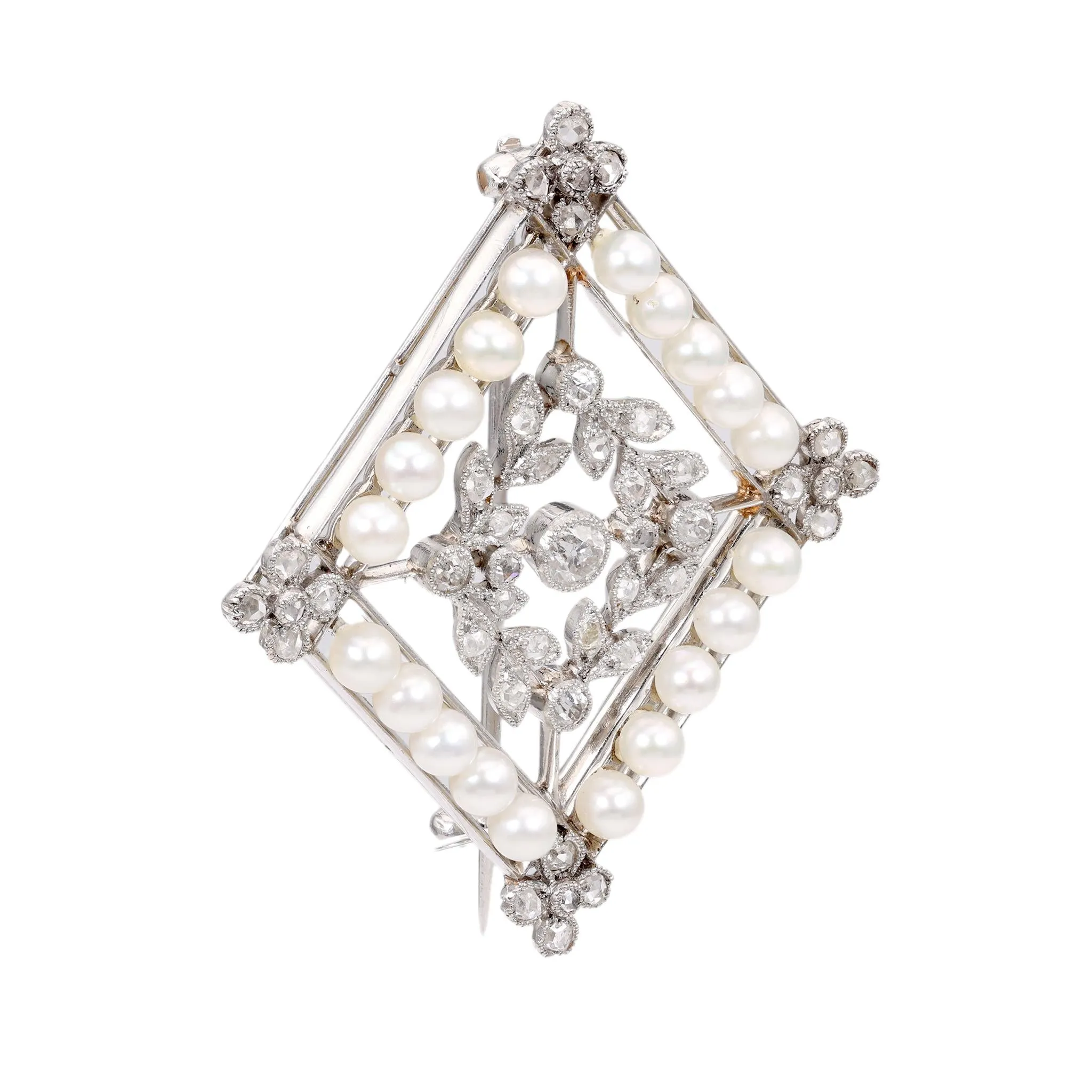 Edwardian Seed Pearl Diamond Platinum Brooch